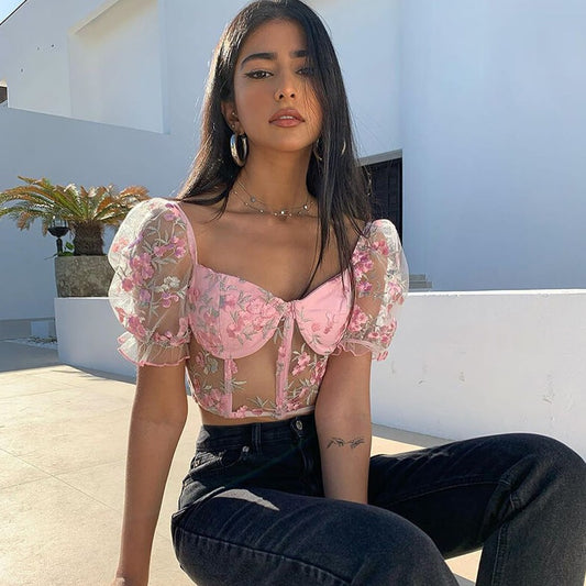 Sweetie Sheer Flower Crop Top - Pink