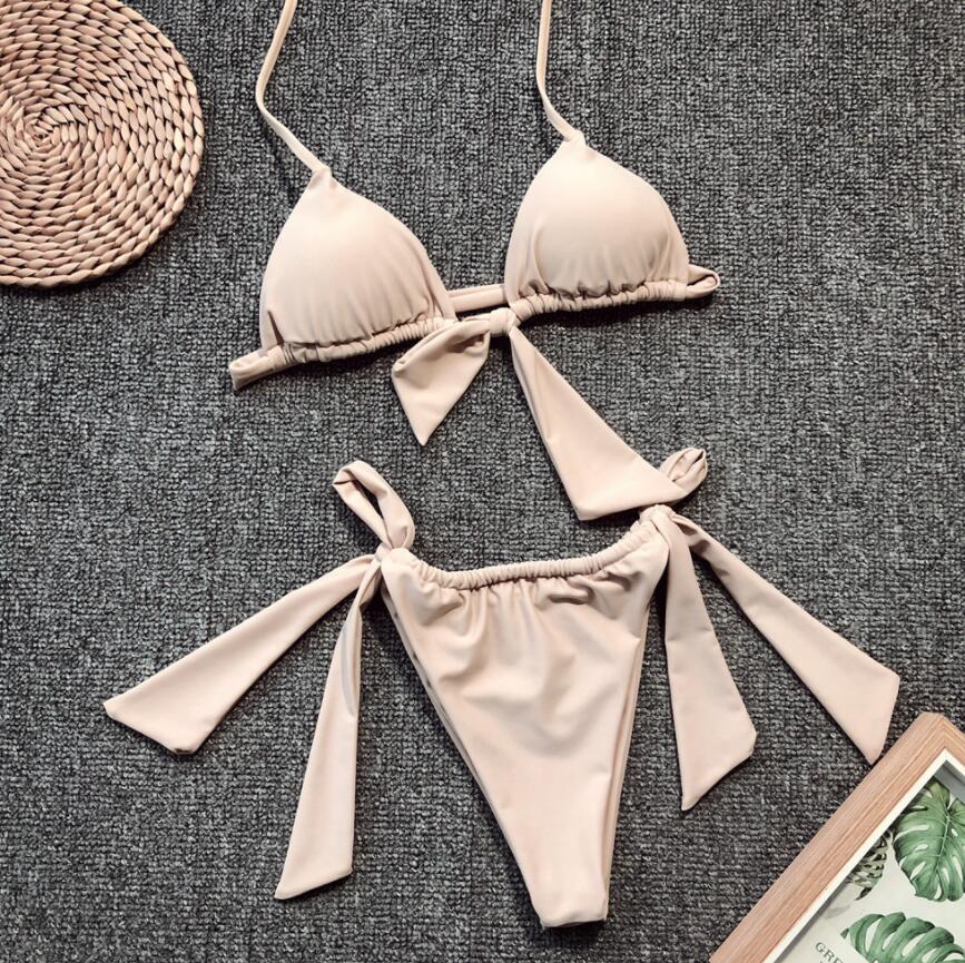 simple tie front bikini rouched bikini bottoms cream beige